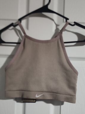 Nike Women's Ribbed Sports Bra in Taupe with Mauve Trim